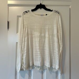 CAbi White Lace Accent Long Sleeve Top